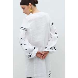 Vestido largo de lino blanco bordado para mujer, ecológico, con cintura natural, estilo étnico minimalista, maxi Kurti de manga larga, al por mayor - Product Image 4