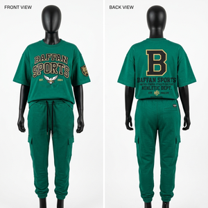 ชุดเสื้อยืดคอตตอนพรีเมียม 180 GSM และกางเกงจ็อกเกอร์ สีเขียว พิมพ์ลายพัฟ พร้อมโลโก้สั่งทำ สไตล์สตรีทแวร์ ชุดเซ็ตสำหรับผู้หญิง - Product Image 2