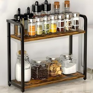 2-Tier Kitchen Organizer Rack Wooden Countertop Storage <b>Stand</b> with Rustic Brown <b>Shelves</b> and Black Metal Frame Spice Rack - Product Image 4