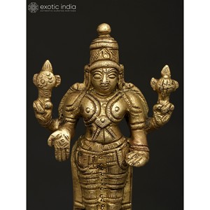 Hecho a mano 4 pulgadas pequeño pie Chaturbhuja Vishnu latón Idol decoración del hogar artículo hecho en La India - Product Image 2
