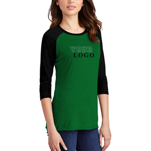 Green And Black <b>Raglan</b> Sleeve T-Shirt Women's Casual O-Neck Jersey Knitted Cotton Regular Fit Solid Color <b>Top</b> - Product Image 2