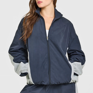 OEM Custom Logo Women Navy Color Block Windbreaker Jacket, Lightweight Zip up <b>Athletic</b> Track Top Street Wear - Product Image 6