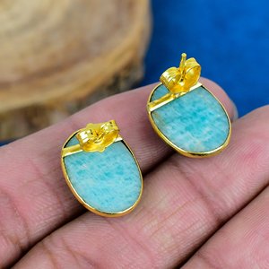 Natural Blue Amazonite Oval Shape Gemstone Dangle Hook Earring 18k Gold Micron Over 925 <b>Sterling</b> <b>Silver</b> - Product Image 4