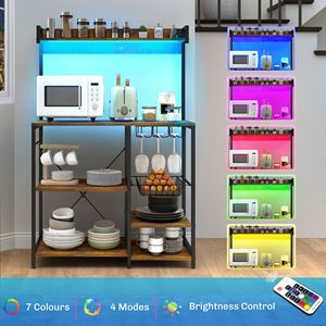 ชั้นวางขนมปังในครัวแบบชนบทสีน้ำตาลแบบชนบทพร้อมแท่นชาร์จไฟ RGB ที่วางแก้วบนชั้นวางแบบเปิด - Product Image 5