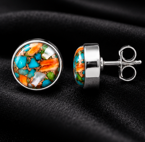 Spiny Oyster Turquoise <b>Stud</b> <b>Earrings</b> Orange Blue Gemstone <b>Silver</b> Tone Round <b>Earrings</b> <b>for</b> <b>Women</b> Wholesale Jewelry - Product Image 2