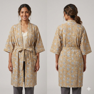 Robe kimono longue florale écologique pour femmes |   Robe de chambre en coton imprimée à la main |   Peignoir de plage à col en V et manches longues - Product Image 4