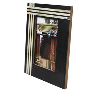 Modern Resin Photo <b>Frame</b> Rectangular Tabletop Vertical Handmade Black with Cream Stripes - Product Image 3