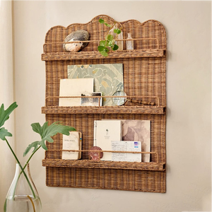 Étagère murale en rotin tressé artisanal, tendance du moment, avec bord festonné, pour rangement suspendu, étagère pour enfants, présentoir de magazines pour chambre d'enfant - Product Image 6