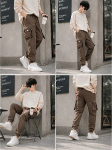 Pantalon cargo marron pour homme, taille élastique, plusieurs poches, style décontracté, tissu en toile, vêtements d'automne, pantalon cargo d'entraînement pour homme - Product Image 6