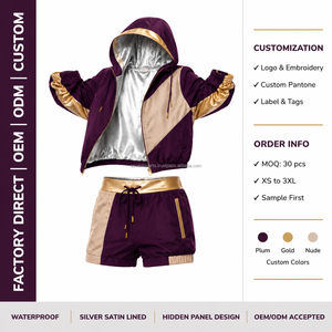 Custom Printed Logo Ladies Windbreaker Shorts Set Polyester/Cotton Fabric Side <b>Zip</b> Pocket Elastic Waistband Hooded Collar OEM - Product Image 4