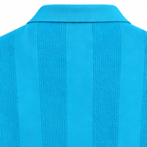 Aqua Blue <b>Mens</b> <b>Long</b> <b>Sleeve</b> Knit <b>Polo</b> Sweater Textured Stripe Design Ribbed Collar Cuffs Casual Premium Pullover Fashion <b>Shirt</b> - Product Image 4