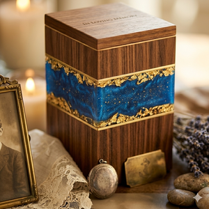 Blue Resin Wood Cremation <b>Urn</b> <b>Ashes</b> Memorial Keepsake Box Modern Adult Burial <b>Urn</b> <b>for</b> Remembrance - Product Image 3
