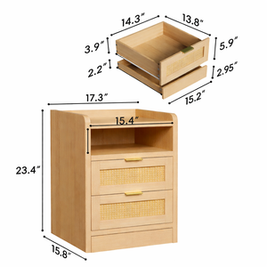 ELVROGEST SA Table de chevet moderne en bois avec tiroirs en rotin, table de chevet avec étagère de rangement et tiroir inférieur, finition naturelle - Product Image 2