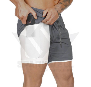 Shorts de course 2-en-1 noirs pour hommes, séchage rapide, taille élastique, shorts de sport pour la salle de sport et l'entraînement avec poche pour téléphone - Product Image 6