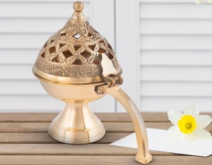 Brass Incense <b>Burner</b> With Handle Hollow Lid Traditional Incense Holder for Pooja Room Home Temple - Product Image 2