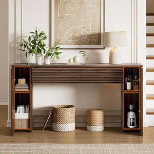 Mesa Consola Moderna Hecha a Mano de Madera de Teca Sólida con Almacenamiento para Comedor, Apartamento, Sala de Estar, Mueble de Entrada - Product Image 4