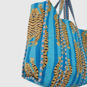 Blue Tiger Print <b>Canvas</b> Tote Bag Bohemian Style Open Top Summer <b>Beach</b> Bag - Product Image 3