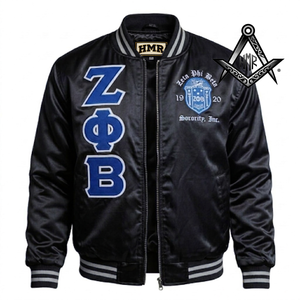 Chaqueta Bomber Universitaria de Satén Gris con Letras Griegas Bordadas Personalizadas de la Hermandad Zeta Phi Beta, Ligera, Ecológica y Transpirable - Product Image 2
