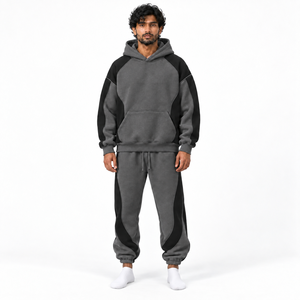 Heavyweight French Terry Cotton Sweatsuit Set Men <b>Oversized</b> Pullover Hoodie <b>Jogger</b> Pants Relaxed Streetwear Fit Color Blocking - Product Image 2
