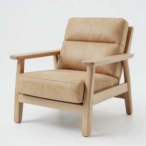 Sillón Moderno de Madera Maciza con Tapicería de Cuero Vacuno Genuino, Cómodo Sillón para Sala de Estar, Muebles de Interior - Product Image 1