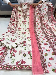 Regular Fit All Season Women Designer Pure Taj Cotton Suit Set Top Palazzo With Dupatta With Fully Handwork and Prints 3 Piece - Product Image 1