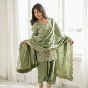 Graceful Traditional <b>Womens</b> Embroidered Silk Blend <b>Kurta</b> With Patiala And Dupatta Elegant Ethnic Wear <b>Women</b>’s embroidered silk - Product Image 1