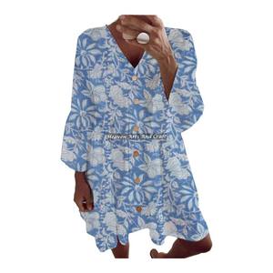 Vestido de algodón hecho a medida con estampado floral, ropa de playa para primavera/verano, blusas con mangas acampanadas para tiendas de ropa femenina. - Product Image 6