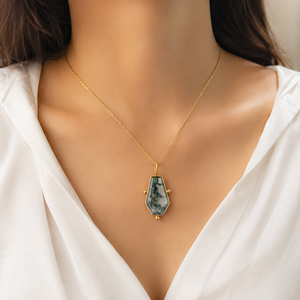 18k gold plated moss agate coffin shape pendant unique trendy necklace handmade jewelry bezel setting gemstone fashion jewelry - Product Image 3