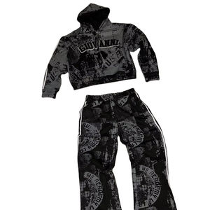 Ensemble sweat à capuche zippé et pantalon de survêtement pour homme, grande taille, en polaire, haute qualité, effet délavé, avec logo brodé, respirant, coupe empilée - Product Image 1