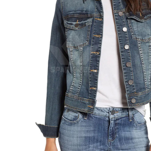 Women's Washed Blue Cotton Knitted Breathable <b>Denim</b> Trucker <b>Jacket</b> Button Front Turn Collar Long Sleeve Casual Spring Jean - Product Image 4