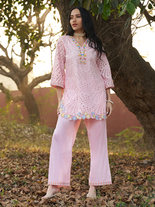 Salwar Kameez Rosa de Algodón Bordado, Ropa Tradicional Musulmana, Túnica con Bordado Floral, Pantalones Anchos para Fiesta de Noche - Product Image 3