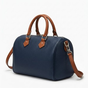 Navy Blue Leather Boston <b>Bag</b> with <b>Tan</b> Handles Zipper Closure Portable Weekender Travel Duffel Mini Speedy <b>Bag</b> Daily Casual Use - Product Image 2
