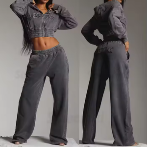 Wholesale Women's Acid Wash Cropped <b>Zip</b> Up Hoodie & Wide Leg Sweatpants Set Custom Logo Oversized Cotton Fleece Tracksuit OEM - Product Image 4
