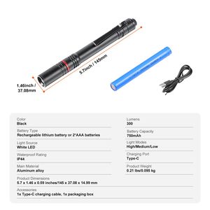 5.9 Inch <b>Rechargeable</b> Aluminum Alloy Penlight 300 Lumen 3 Lighting Modes Pocket Size Adjustable Focus IP44 Waterproof <b>Flashlight</b> - Product Image 1