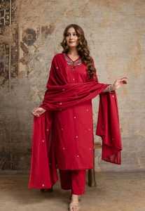 Premium Red 60x60 Cotton Viral Designer Suit Set with Floral Embroidered <b>Kurta</b> Matching Pants and Dupatta for <b>Women</b> Ethnic Wear - Product Image 2