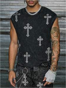 Camiseta sin mangas con gráfico de diamantes de imitación para hombre, estilo streetwear con lavado ácido, logotipo personalizado, fábrica OEM - Product Image 4