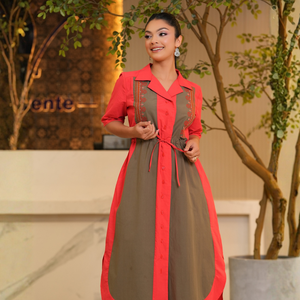 ชุดเดรสมิดิบล็อกสีสำหรับผู้หญิงสุดหรู - Product Image 4
