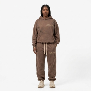Ensemble survêtement streetwear personnalisé marron oversize avec strass, en molleton de coton, vente en gros OEM - Product Image 1