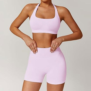 Breathable High Quality Women Yoga Shorts Top Solid 2-Piece Set Lightweight Stretch Spandex/Nylon Anti-Bacterial Quick Dry for - Product Image 1