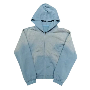 Sudadera con capucha unisex azul claro con cremallera y pedrería de cristal, OEM, de lujo, brillante, estilo urbano, con efecto descolorido por el sol, 100% algodón - Product Image 1
