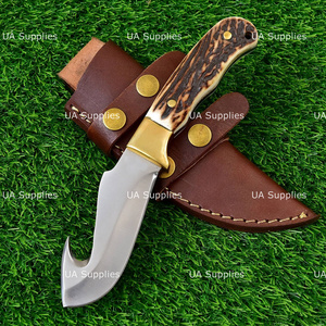 Couteau de chasse et de camping professionnel à lame fixe en acier inoxydable forgé à la main, qualité industrielle 58 HRC, avec crochet à viande et manche en corne de cerf, ODM - Product Image 2