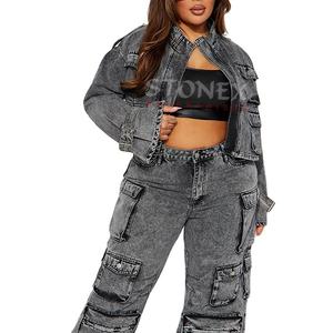 Customized Logo Design Breathable <b>Denim</b> <b>Jacket</b> for Women <b>Cropped</b> <b>Denim</b> <b>Jacket</b> Collar Zip Front Cargo Pockets <b>Jacket</b> - Product Image 1