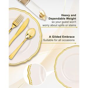 Set di Stoviglie in Plastica Avorio e Oro 350 Pezzi, Decorazioni per Tavola da Festa, Include 50 Piatti Piani, 50 Piattini da Dessert, 50 Bicchieri - Product Image 6