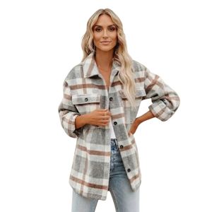 Chemisier-veste en tricot à carreaux gris, blanc et marron pour femme, à manches longues, boutonnage frontal, coupe oversize, décontracté, chaud, vêtement d'extérieur à carreaux OEM - Product Image 1