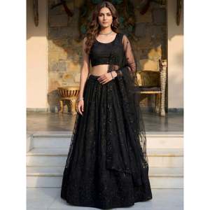 A-Line Mermaid Prom Evening Gown Black Embroidered Net Lehenga Choli for Quinceanera XL - Product Image 1