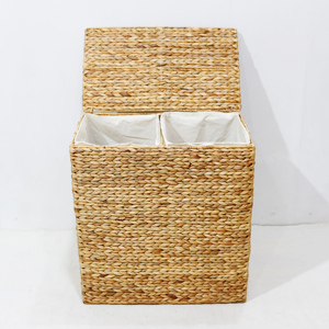 Handcrafted Water Hyacinth 2 Compartment Laundry Hamper <b>Basket</b> <b>with</b> <b>Lid</b> Liner - Product Image 2