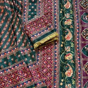Soft Pure Marshmallow Shiny Chinnon Silk Saree with Designer Ajrakh Print <b>Aari</b> Zari And Real Mirror <b>Work</b> - Product Image 2