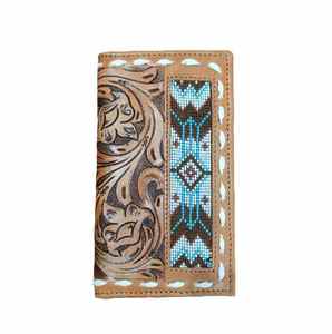 Cartera Unisex de Cuero Genuino Estilo Bohemio Occidental Vintage, con Estampado Animal Grabado a Mano, Logotipo con Cuentas, Protección RFID, Cierre Abierto - Product Image 1