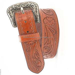 Cinturón de herramientas de cuero occidental con relieve floral tallado a mano para hombre duradero de una sola capa con hebilla de latón de diseñador tamaños personalizados - Product Image 1
