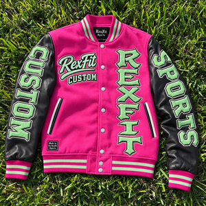 Chaqueta de Béisbol Oversize con Parches de Letras de Chenilla, Mangas de Cuero, Aplique de Letra Grande en la Parte Delantera y Cierre de Botones a Presión OEM - Product Image 1